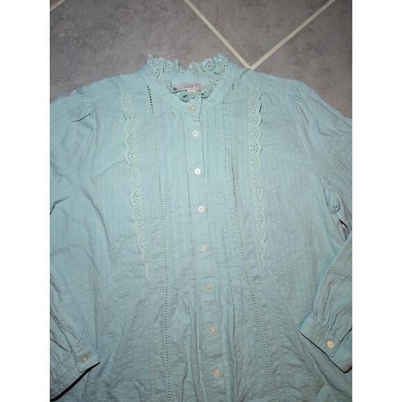 LOFT Women’s Sage Green BluCottagecore Lace Trim Pintuck Button Front Blouse L/p - Picture 4 of 12